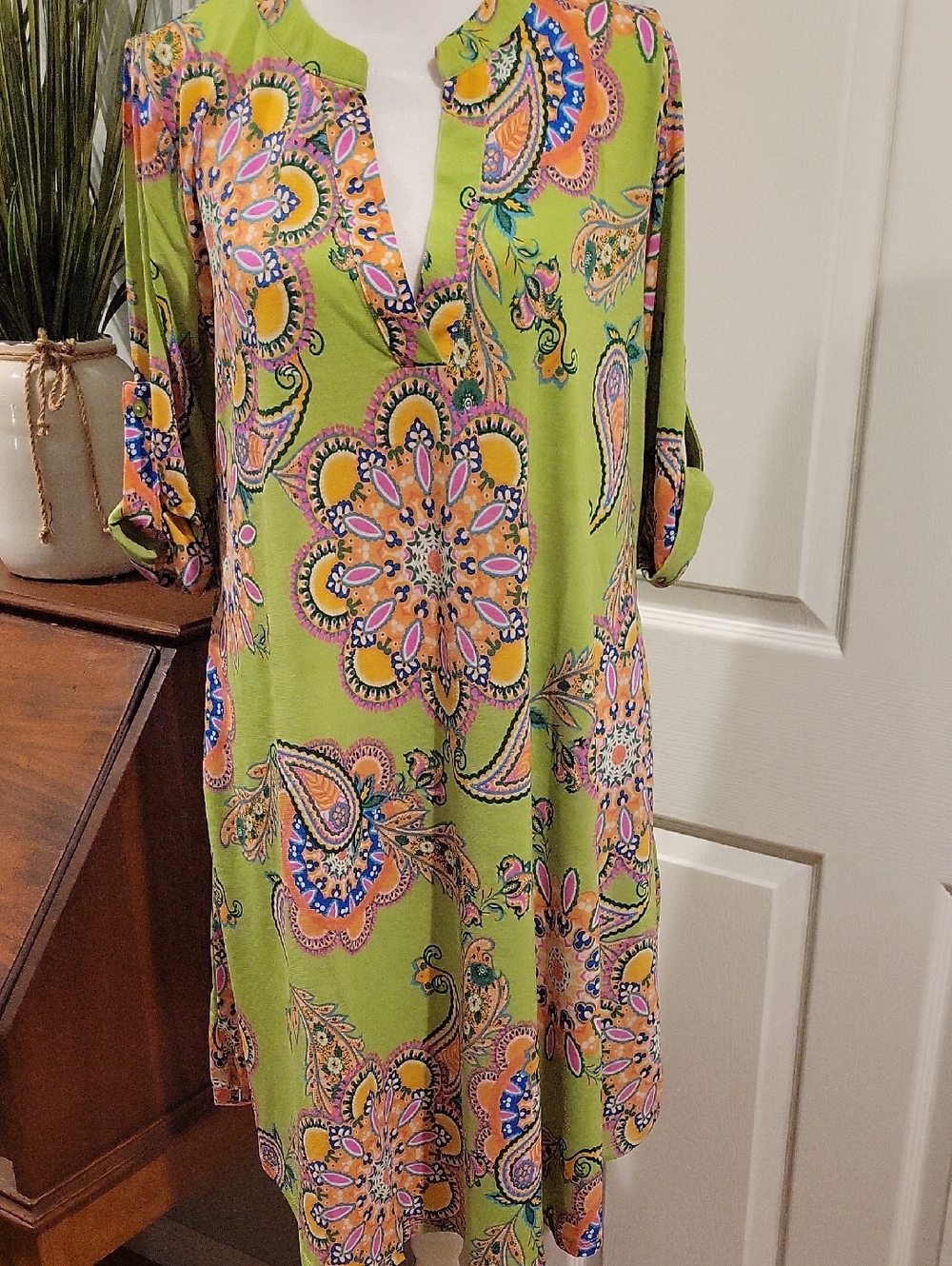 OneTheLand Floral Paisley V-Neck Tunic Dress- Lime